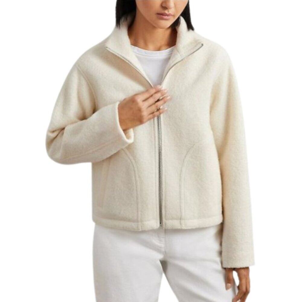 Reiss Darrion Wool Felted Funnel Neck Jacket Women Cream - Size L